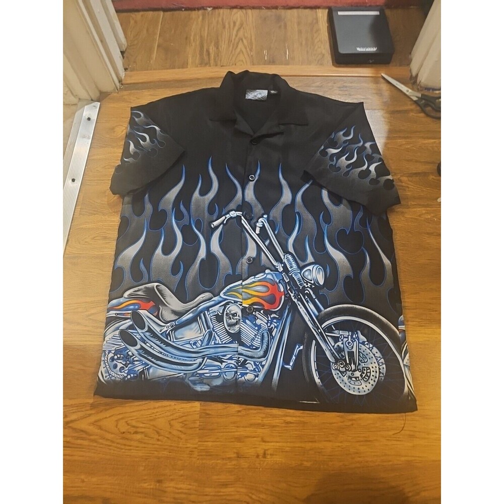 VTG Y2K Sapphire Lounge Blue Flames Motorcycle Button Up Shirt L AOP Skull